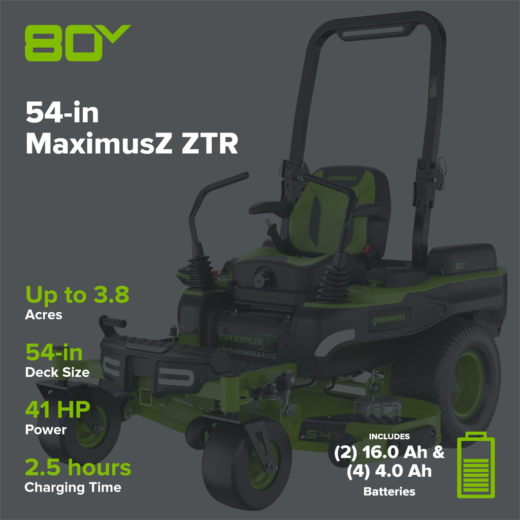 80V 54" MaximusZ Zero Turn Riding Mower with (2) 16.0 Ah and (4) 4.0 Ah Batteries and 1.5kW Charger, MZ5481