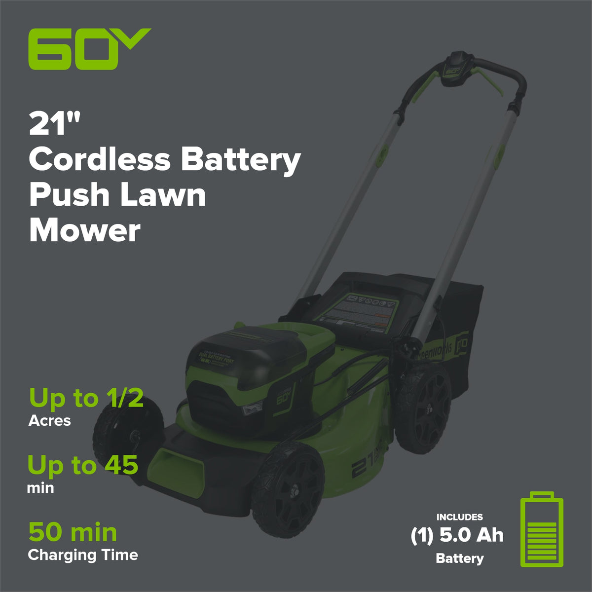 OPEN BOX 60V 21" Cordless Battery Push Lawn Mower: 5.0 Ah Battery and Charger, LM2116