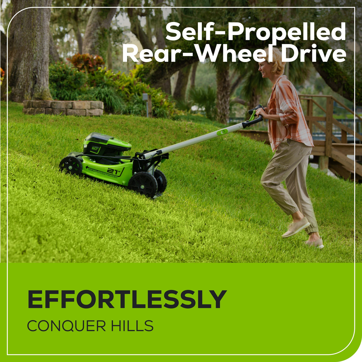 OPEN BOX 60V 21" Cordless Battery Self-Propelled Lawn Mower: (2) 4.0 Ah Batteries and Dual-Port Charger, LM2116S