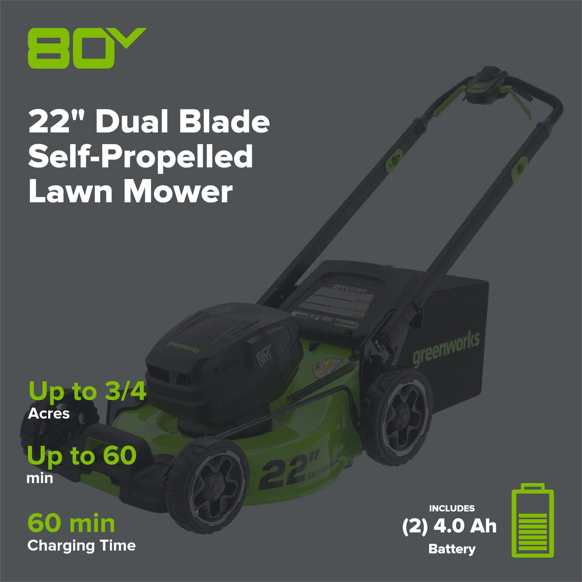 OPEN BOX 80V 22" Cordless Battery Dual Blade Self-Propelled Lawn Mower: (2) 4.0 Ah Batteries and Rapid Charger, LM2208S