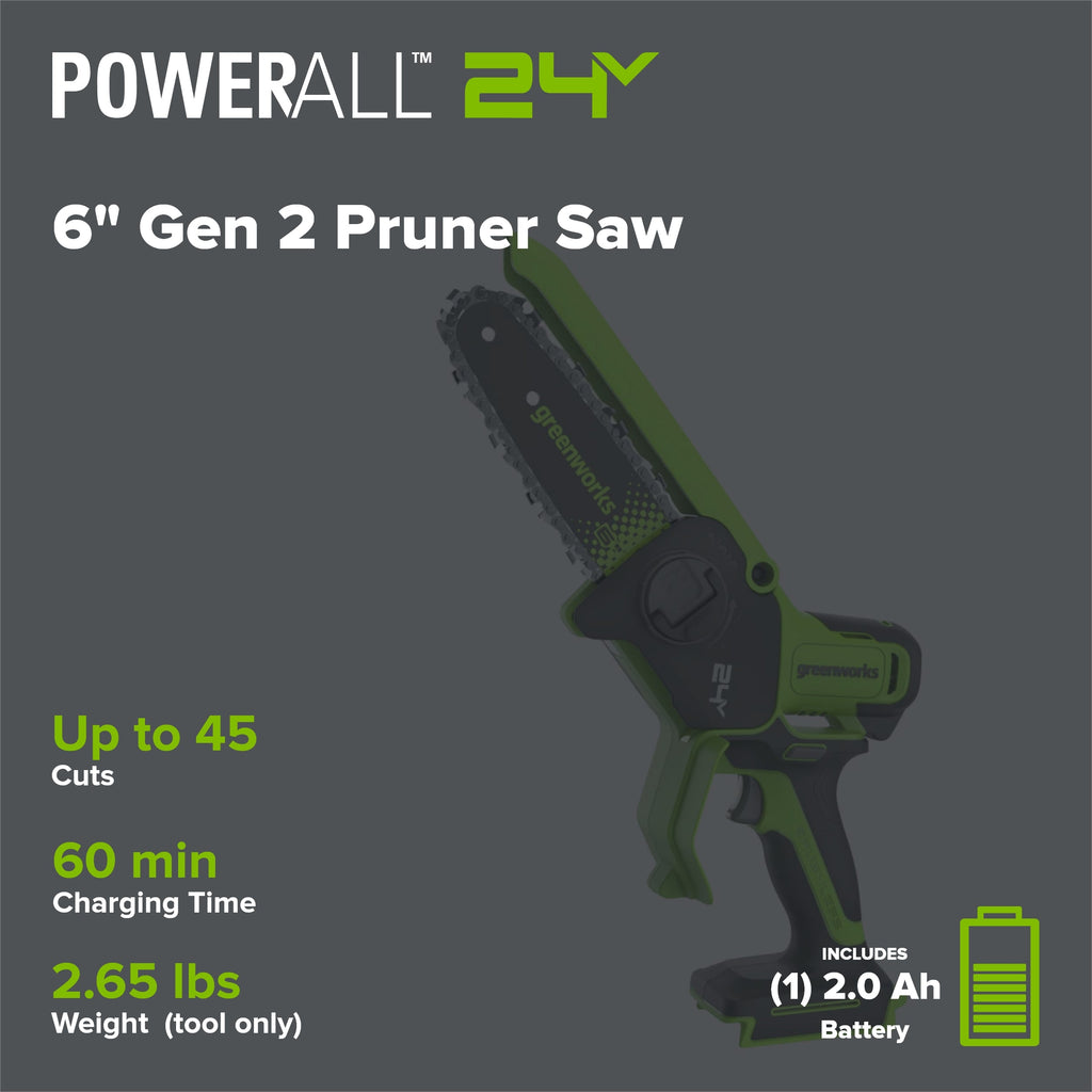 24V 6" Gen 2 Cordless Battery Brushless Pruner Saw: 2.0 Ah Battery and 2A Charger