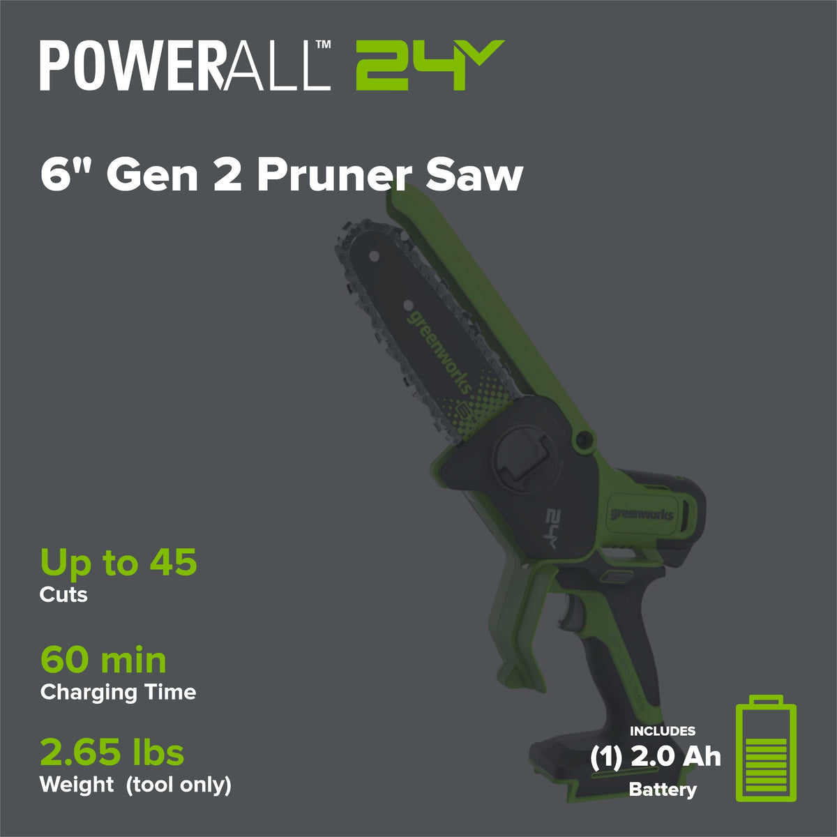 24V 6" Gen 2 Cordless Battery Brushless Pruner Saw: 2.0 Ah Battery and 2A Charger