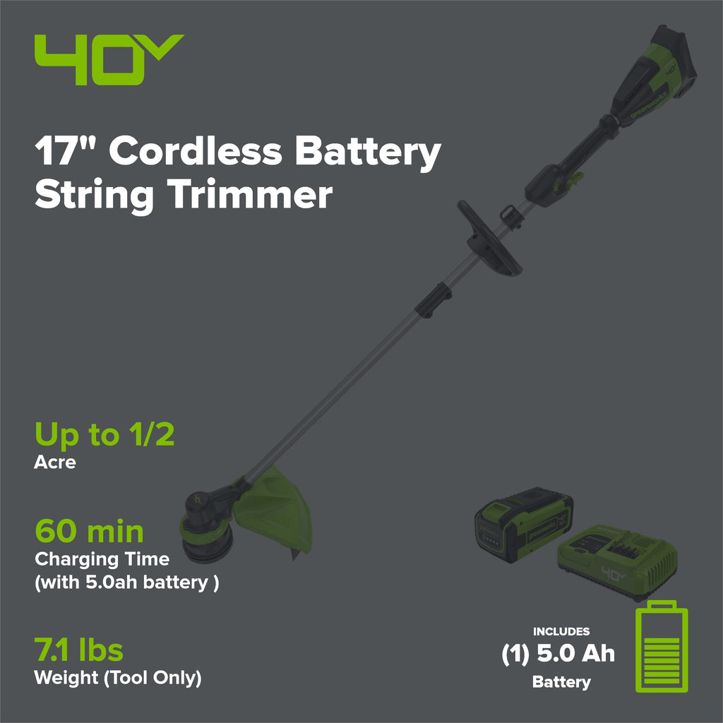 40V 17" Cordless Battery String Trimmer: 5.0 Ah Battery and 5A Charger