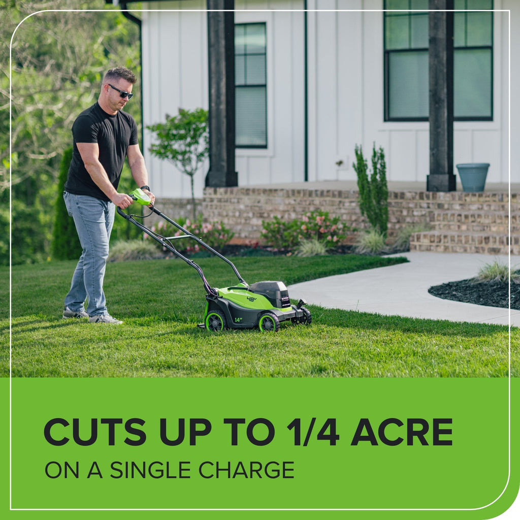 48V (24V x 2) 14" Cordless Battery Brushless Push Lawn Mower: (2) 4.0 Ah Battery and 2A Dual-port Charger, LM1412