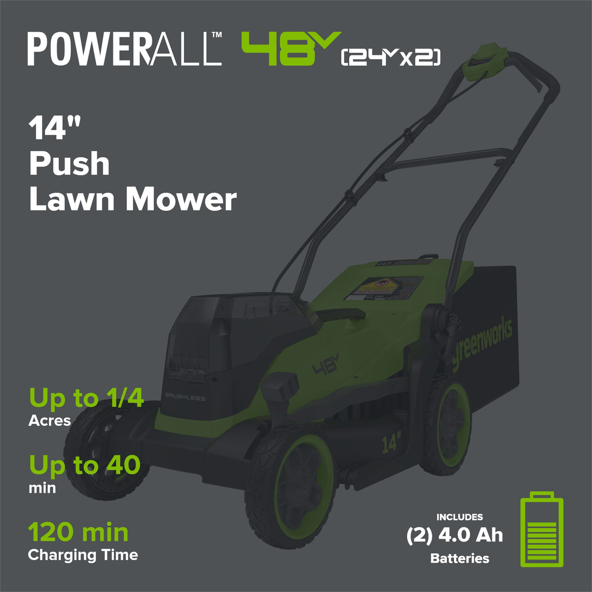 48V (24V x 2) 14" Cordless Battery Brushless Push Lawn Mower: (2) 4.0 Ah Battery and 2A Dual-port Charger, LM1412