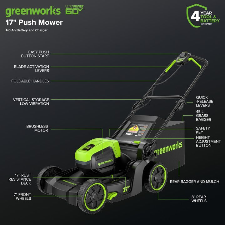 60V 17" Cordless Battery Push Lawn Mower 3PC Combo Kit: 4.0 Ah Battery and Charger