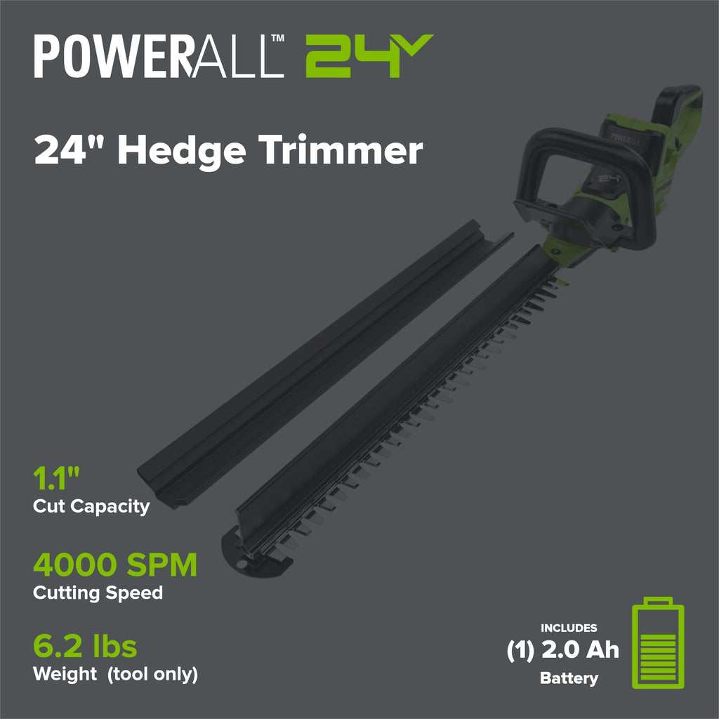 24V 24" Cordless Battery Hedge Trimmer: 2.0 Ah Battery and 2A Charger