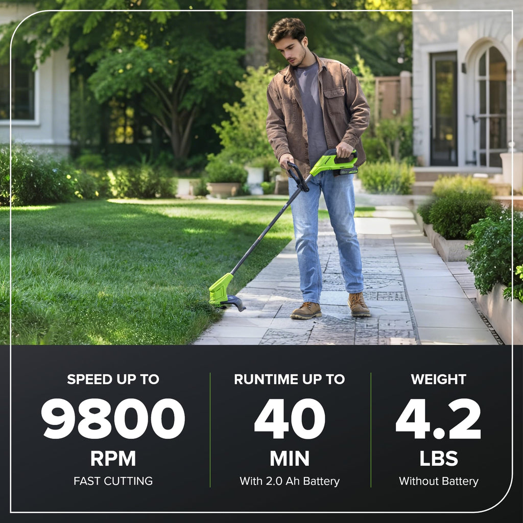 24V 10" Cordless Battery Blade-Head String Trimmer: (1) 2.0 Ah Battery, (1) 0.5A Charger, (20) Plastic Blade