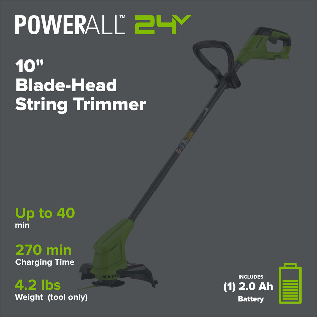 24V 10" Cordless Battery Blade-Head String Trimmer: (1) 2.0 Ah Battery, (1) 0.5A Charger, (20) Plastic Blade