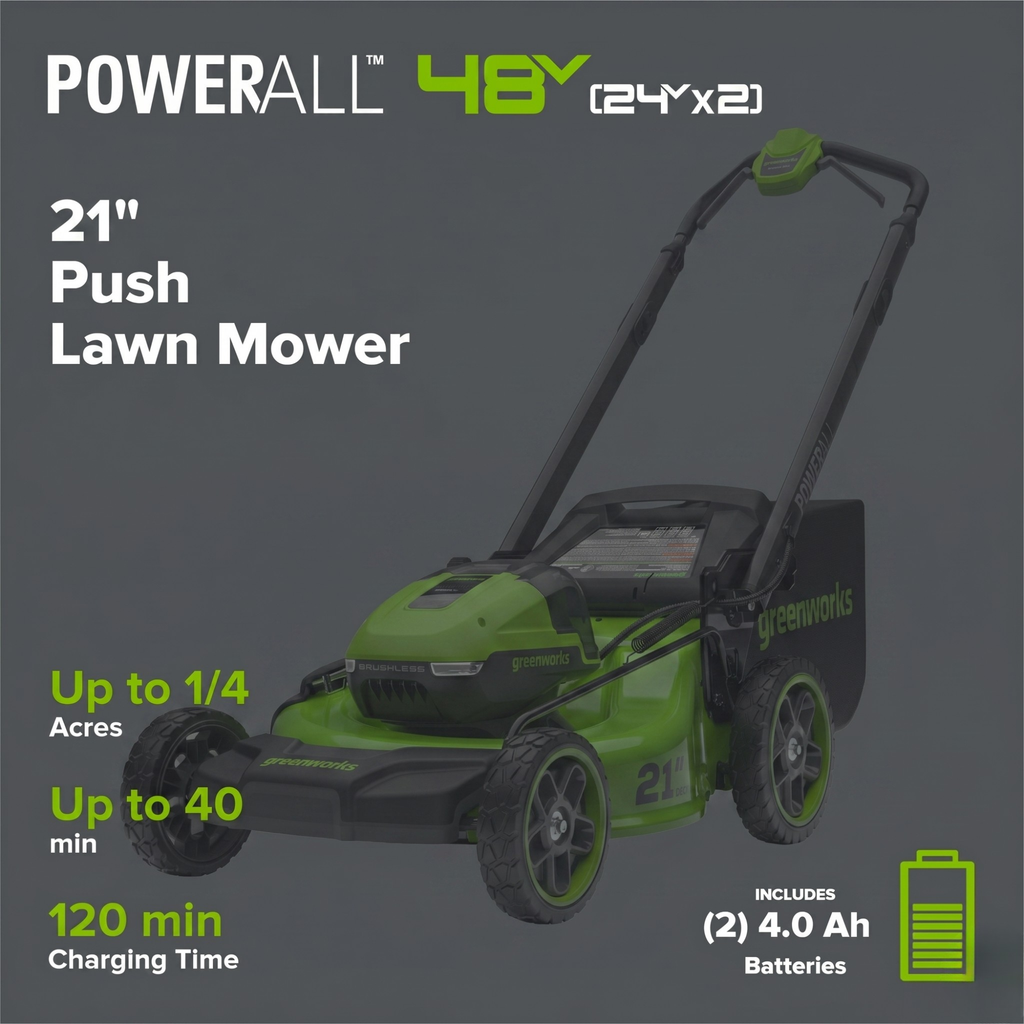 OPEN BOX 48V (24V x 2) 21" Cordless Battery Push Mower 3PC Combo Kit w/ (4) 4.0Ah High Power Batteries & (2) Dual Port Chargers