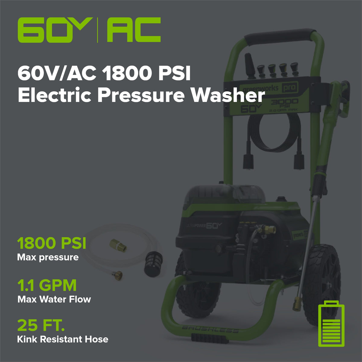 OPEN BOX 60V Hybrid 1800 PSI 1.1 GPM Cold Water Pressure Washer (Tool Only)