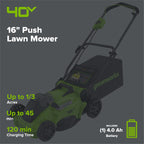 OPEN BOX 40V 16" Cordless Battery Brushless Push Lawn Mower: 4.0 Ah Battery and Charger, LM1624