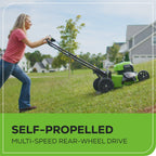 OPEN BOX 48V (24V x 2) 21" Cordless Battery Self-Propelled Mower, 12" String Trimmer and 320 CFM Blower Combo Kit: (2) 5.0Ah Batteries and Chargers
