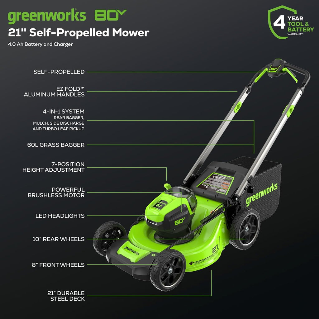 OPEN BOX 80V 21" Cordless Battery 4-in-1 Self-Propelled Lawn Mower: 4.0 Ah Battery and Charger, LM2108S