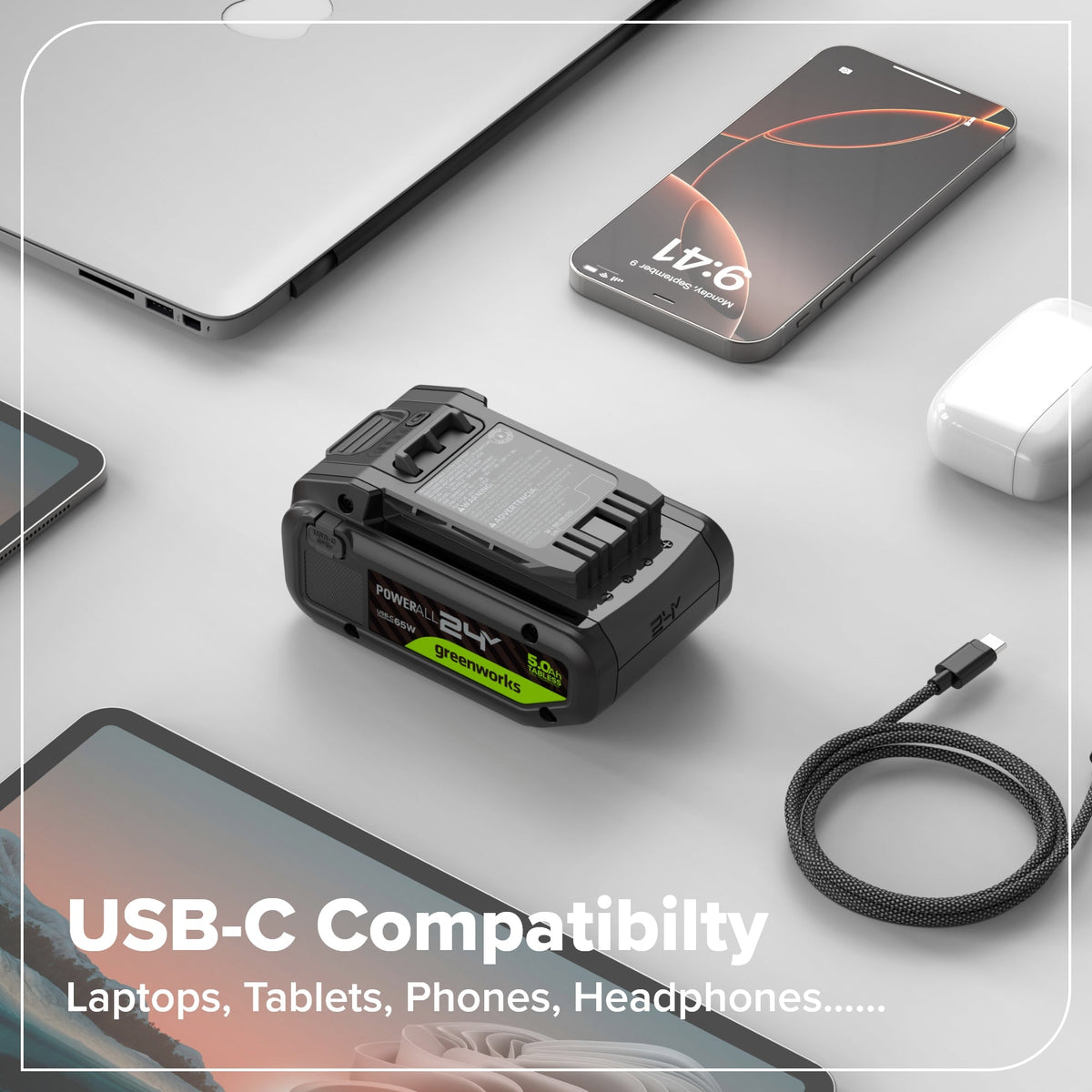 24V 5.0 Ah Tabless Battery with Bi-Directional USB-C Port