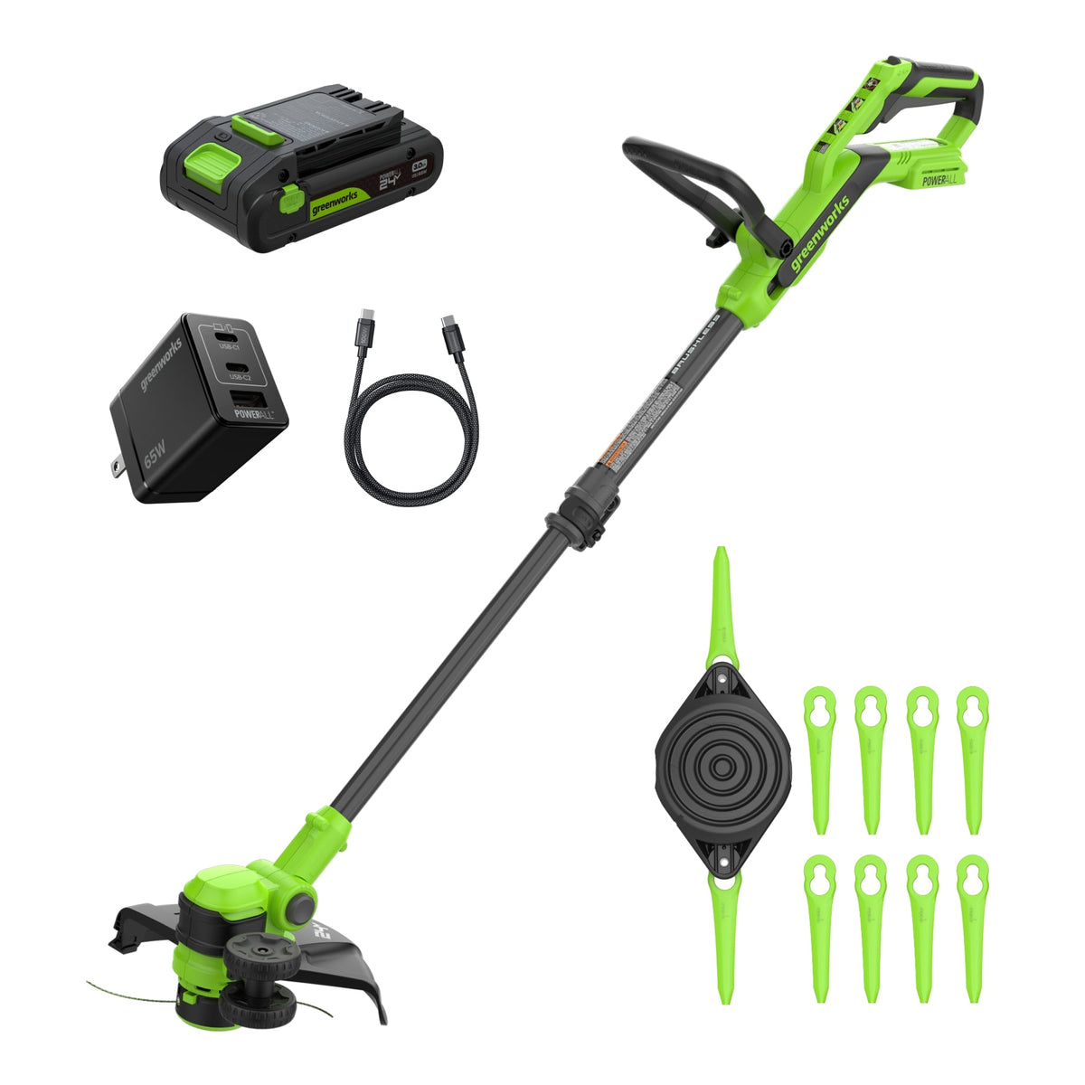 24V 12" Brushless Cordless Battery String Trimmer / Edger: (1) 3.0 Ah USB-C Battery, (1) 65W USB-C Charger, (1) 100W 3' Cable, (1) Plastic Blade Head, (10) Plastic Blades