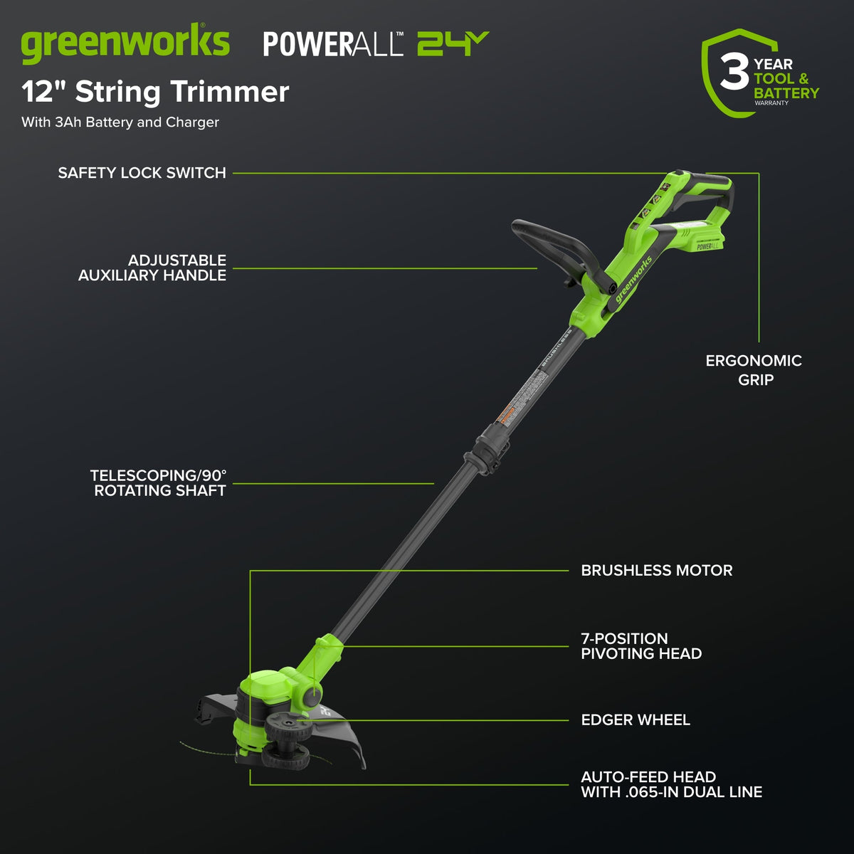 24V 12" Brushless Cordless Battery String Trimmer / Edger: (1) 3.0 Ah USB-C Battery, (1) 65W USB-C Charger, (1) 100W 3' Cable, (1) Plastic Blade Head, (10) Plastic Blades