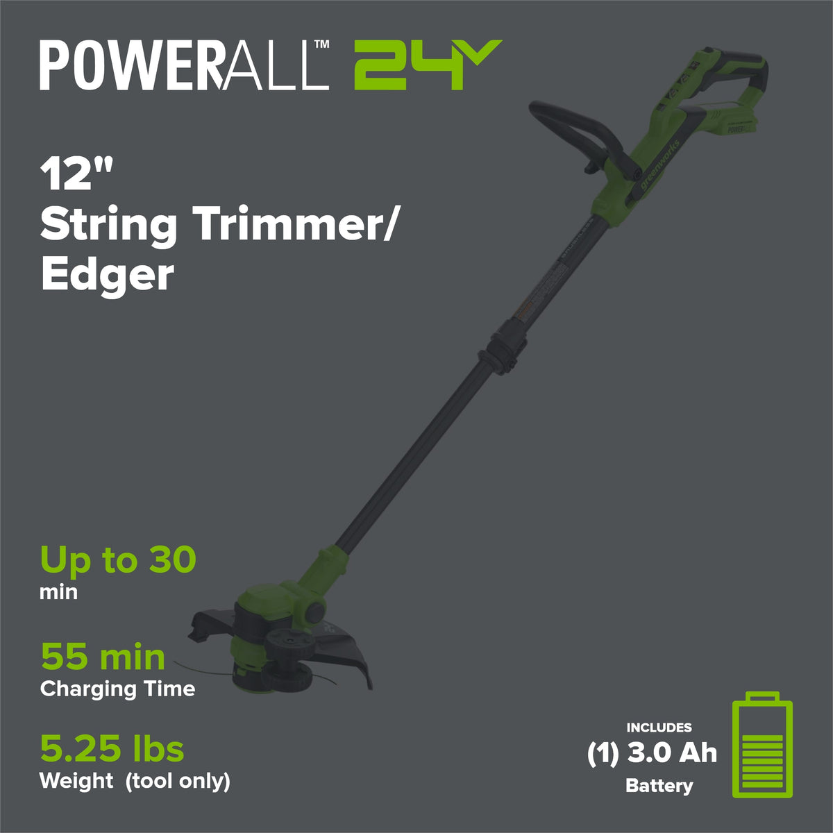 24V 12" Brushless Cordless Battery String Trimmer / Edger: (1) 3.0 Ah USB-C Battery, (1) 65W USB-C Charger, (1) 100W 3' Cable, (1) Plastic Blade Head, (10) Plastic Blades