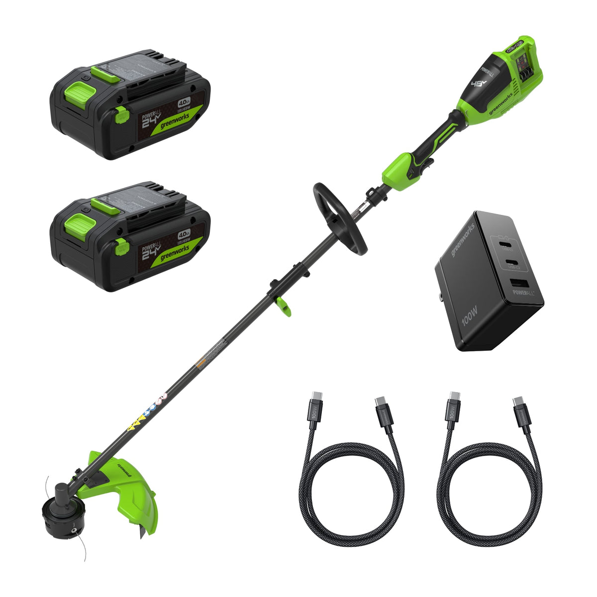 48V (24V x 2) 16" Cordless Battery Brushless String Trimmer (Attachment Capable) w/ (2) 4.0Ah 21700 Batteries, 100W Type-C Charger & (2) 3-Ft Cables