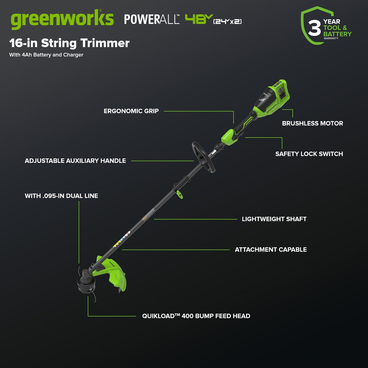 48V (24V x 2) 16" Cordless Battery Brushless String Trimmer (Attachment Capable) w/ (2) 4.0Ah 21700 Batteries, 100W Type-C Charger & (2) 3-Ft Cables