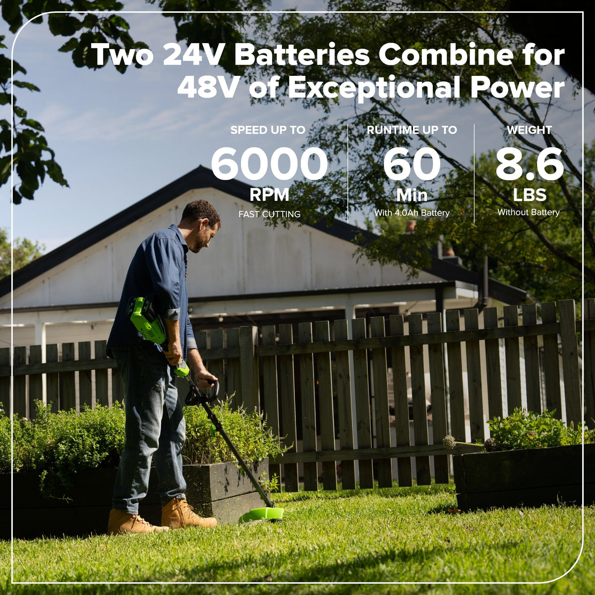 48V (24V x 2) 16" Cordless Battery Brushless String Trimmer (Attachment Capable) w/ (2) 4.0Ah 21700 Batteries, 100W Type-C Charger & (2) 3-Ft Cables