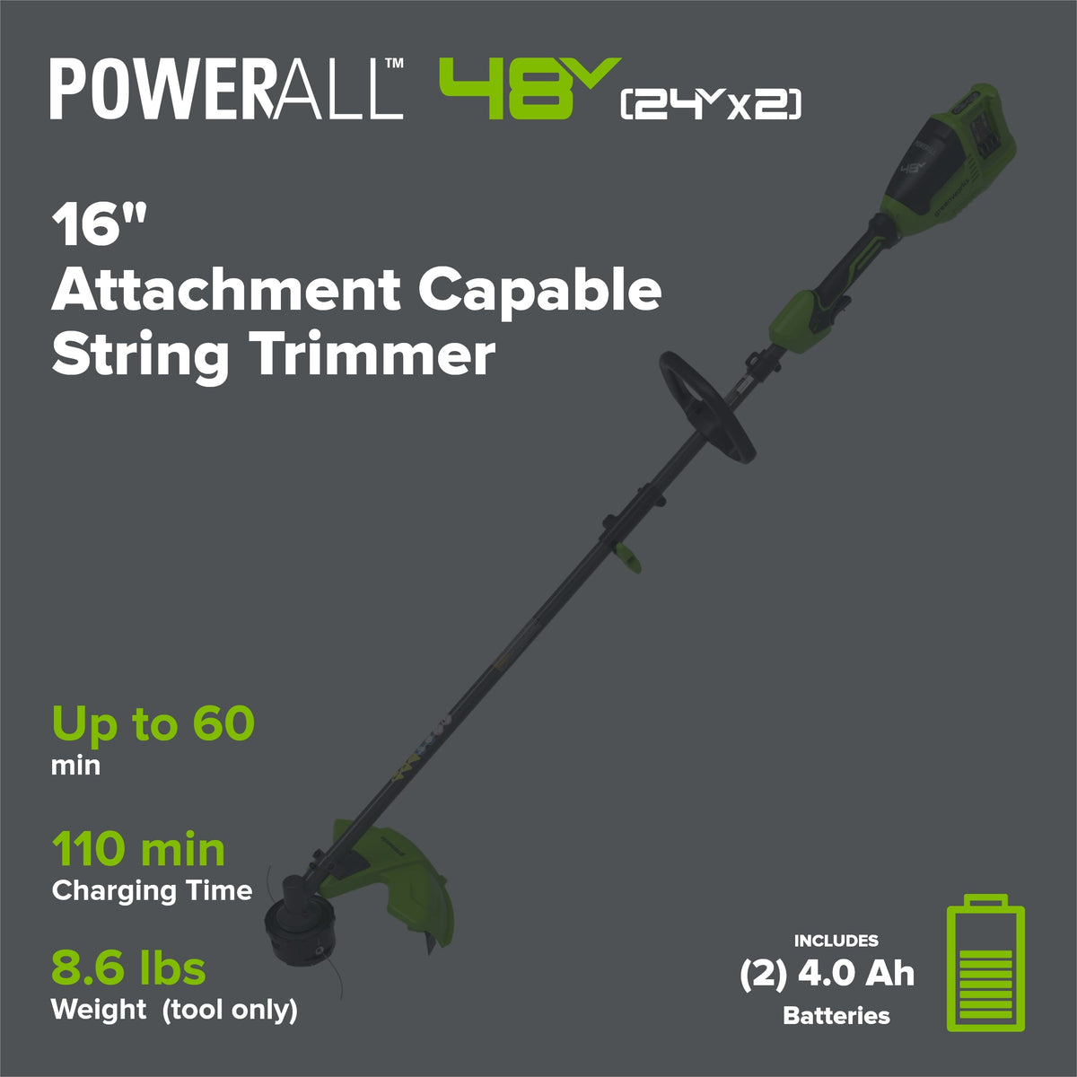 48V (24V x 2) 16" Cordless Battery Brushless String Trimmer (Attachment Capable) w/ (2) 4.0Ah 21700 Batteries, 100W Type-C Charger & (2) 3-Ft Cables