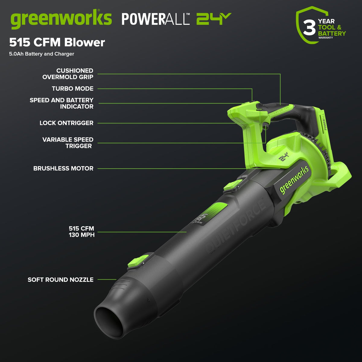 24V 515 CFM Cordless Battery Brushless Blower w/ 5.0Ah Battery & 65W  Type-C Charger(3-Ft Cable)