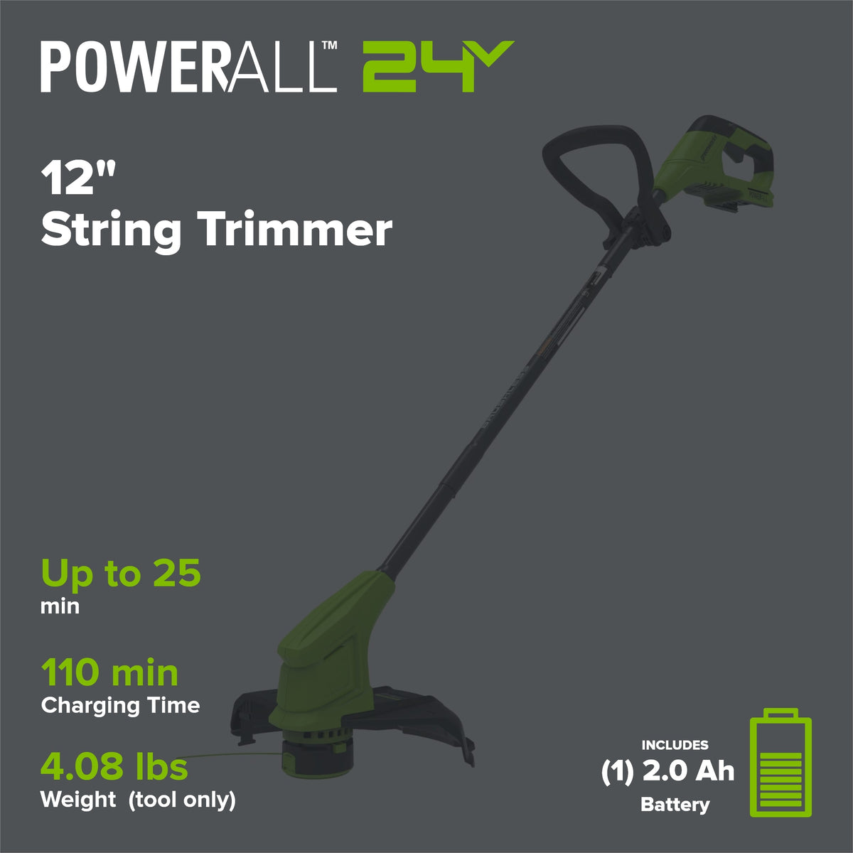 24V 12" Cordless Battery Brushless String Trimmer w/ 2.0Ah Battery & 30W Type-C Charger (3-FT Cable)