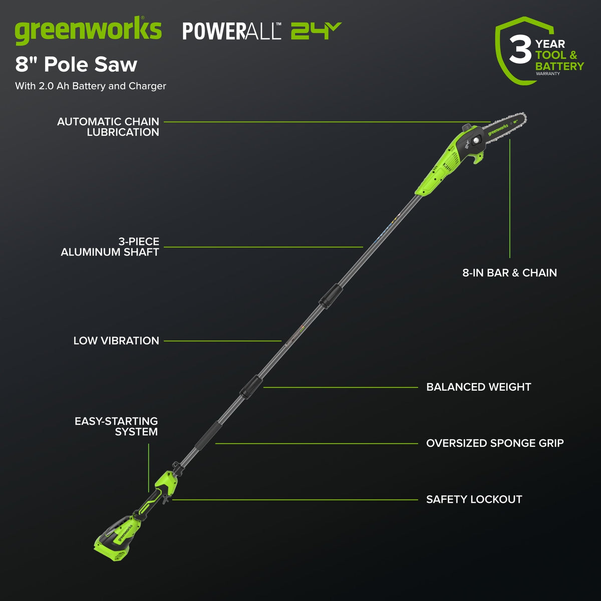 24V 8" Cordless Battery Pole Saw w/ 2.0 Ah Battery & 30W Type-C Charger (3-Ft cable)