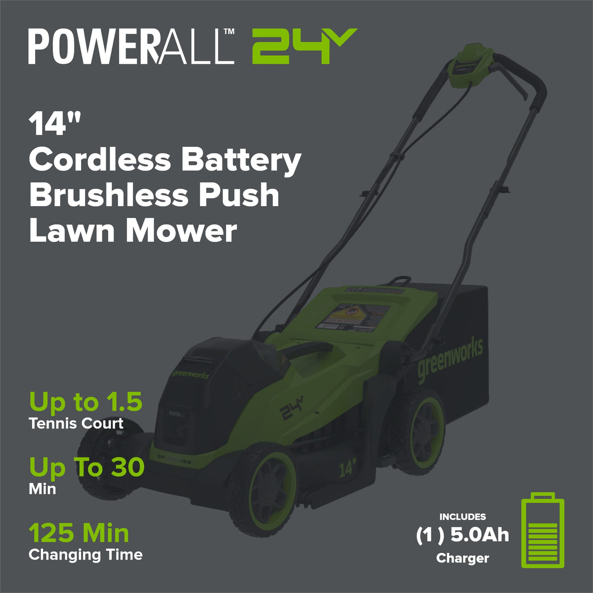 24V 14" Cordless Battery Brushless Push Lawn Mower w/ 5.0Ah Battery & 65W Type-C Charger (3-Ft Cable), LM1402