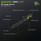 24V 20" Brushless (1.1" Cutting Capacity) Hedge Trimmer: 2.0Ah Battery and 30W Charger