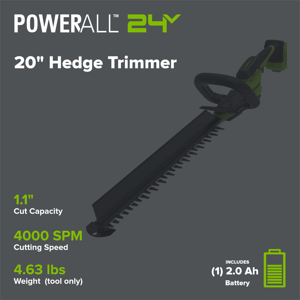 24V 20" Brushless (1.1" Cutting Capacity) Hedge Trimmer: 2.0Ah Battery and 30W Charger