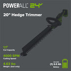 24V 20" Brushless (1.1" Cutting Capacity) Hedge Trimmer: 2.0Ah Battery and 30W Charger