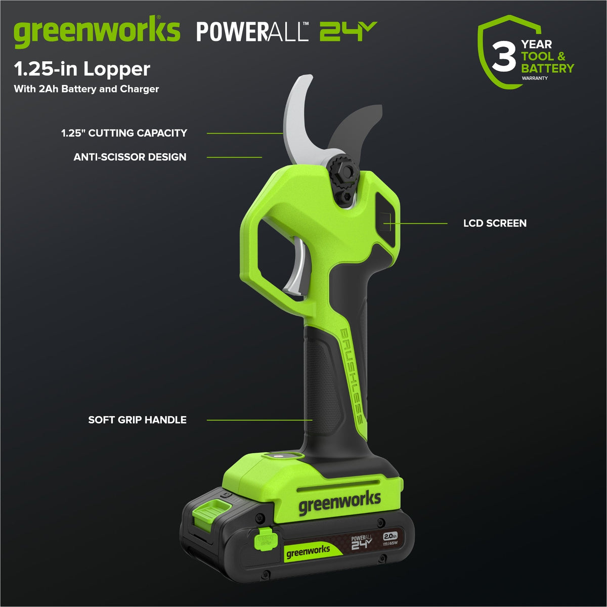 24V 1.25" Pruning Shear: 2.0Ah Battery and 30W Charger