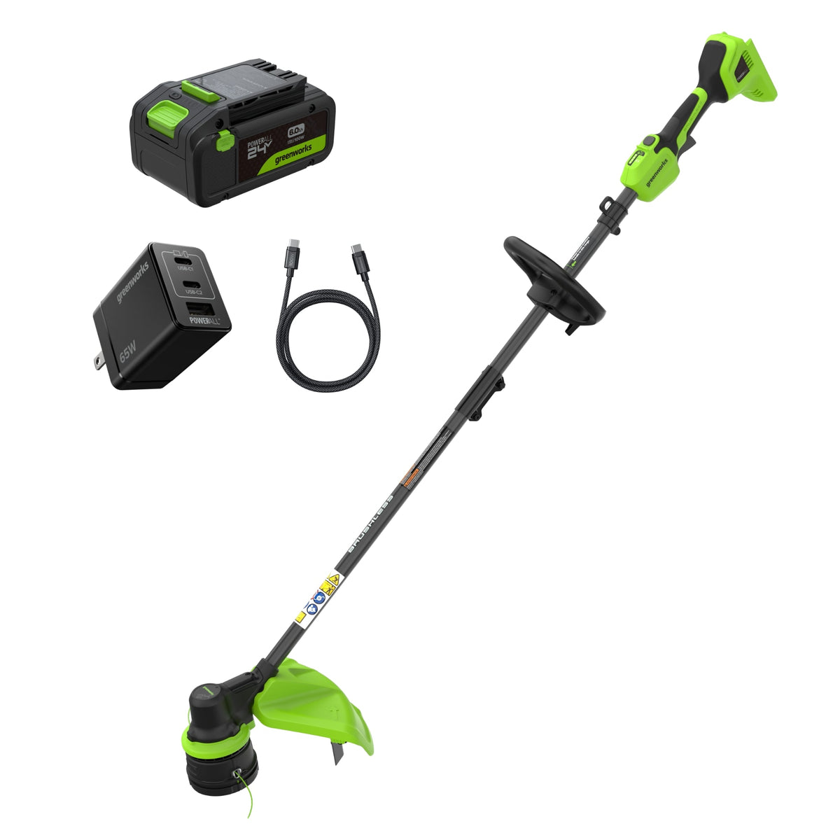 24V 15" Brushless Cordless Battery String Trimmer: (1) 6.0 Ah Battery, (1) 65W USB-C Fast Charger, (1) 3-ft USB-C Cable