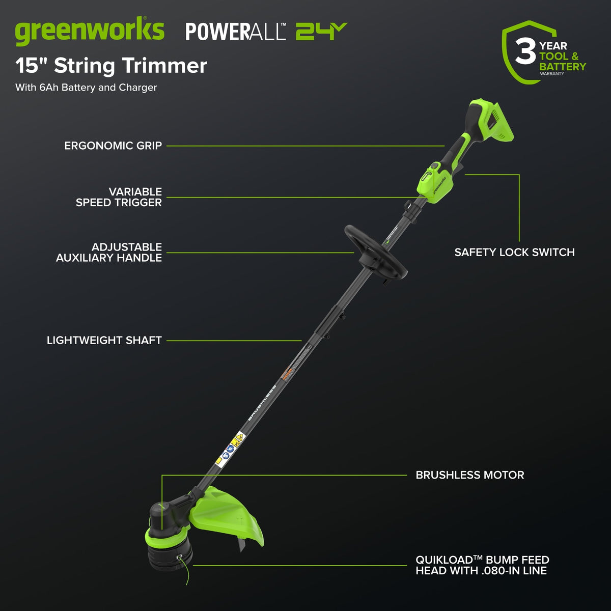 24V 15" Brushless Cordless Battery String Trimmer: (1) 6.0 Ah Battery, (1) 65W USB-C Fast Charger, (1) 3-ft USB-C Cable