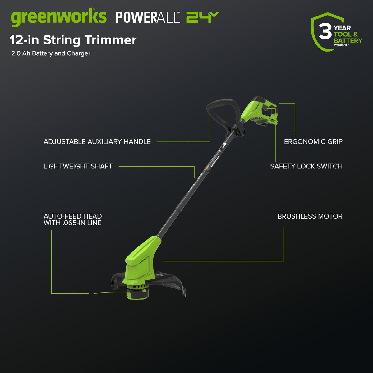 24V 12" Cordless Battery String Trimmer and 270 CFM Blower Combo Kit w/ 2.0Ah Battery, 30W Type-C Charger & (2) 3-Ft Cables