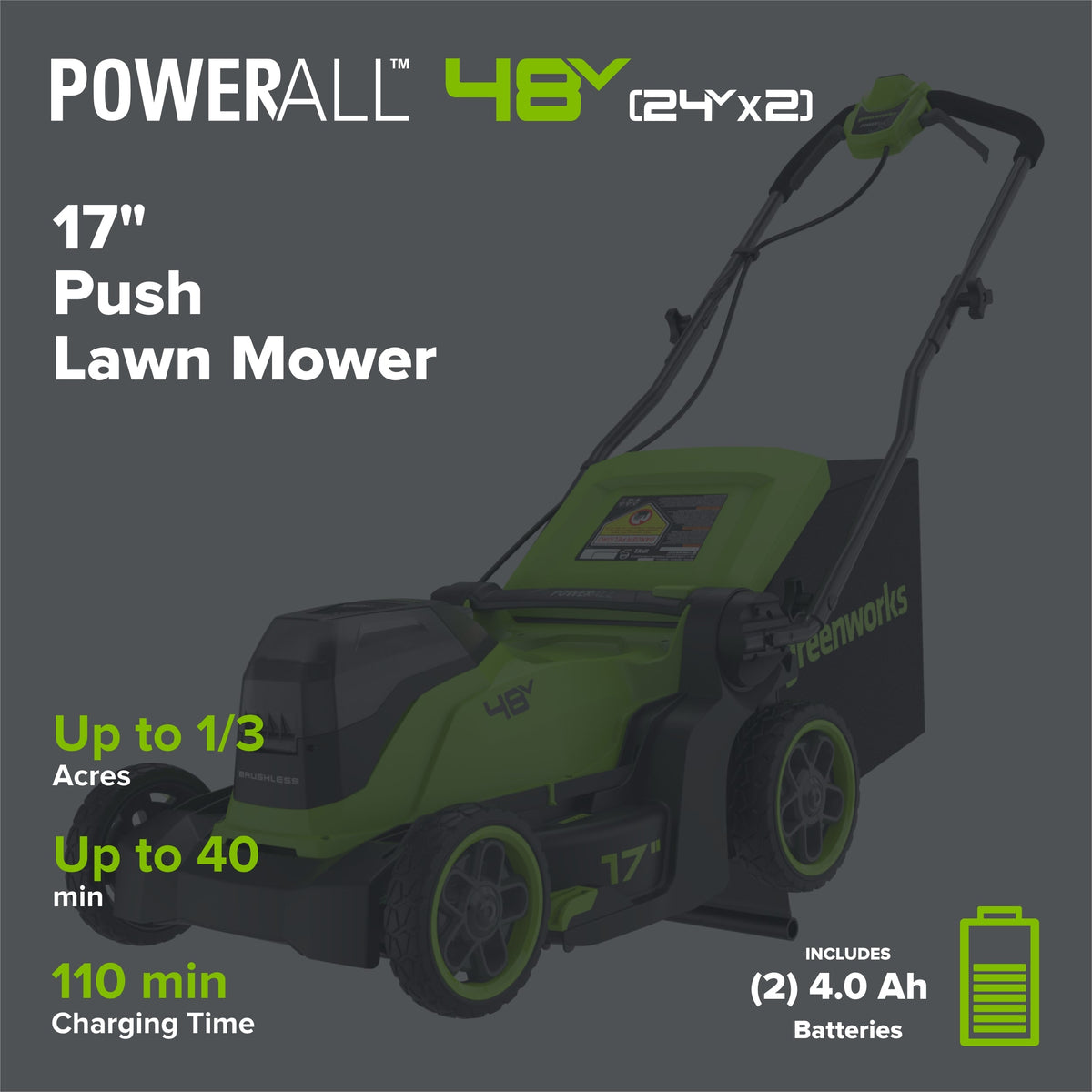48V (24V x 2) 17" Push Cordless Lawn Mower, 270CFM Leaf Blower & 12" String Trimmer Combo Kit w/ (2) 4.0Ah Batteries, 65W Type-C Charger & (2) 3-FT Cables
