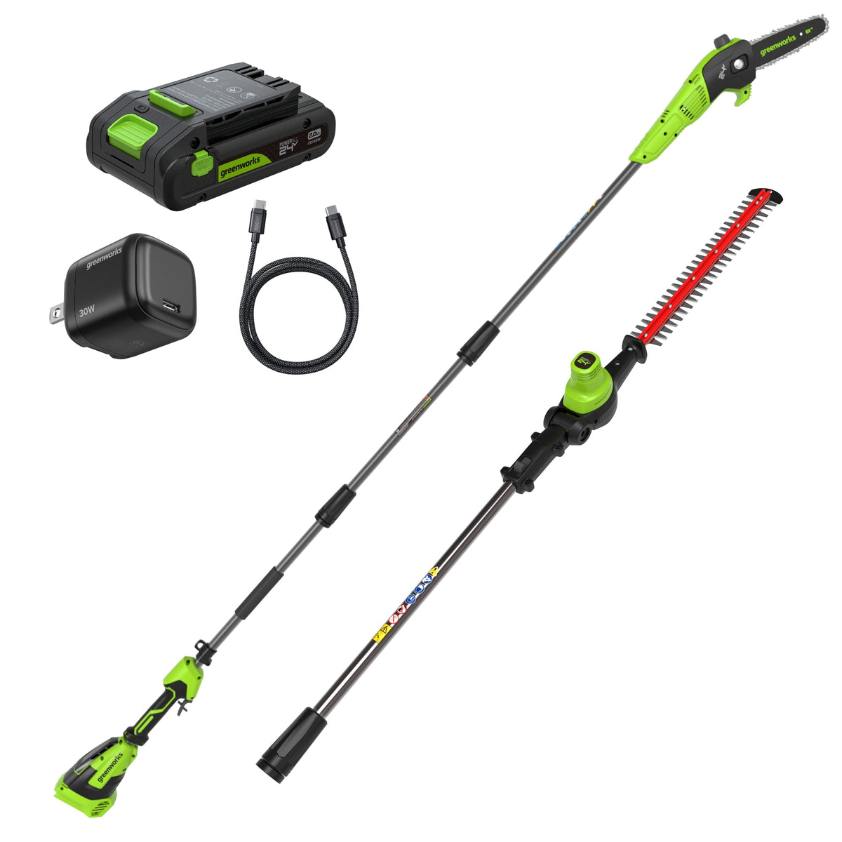 24V 8" Cordless Battery Pole Saw w/ 20" Hedge Trimmer Attachment Combo Kit: 2.0 Ah Battery & 30W Type-C Charger (3-Ft cable)