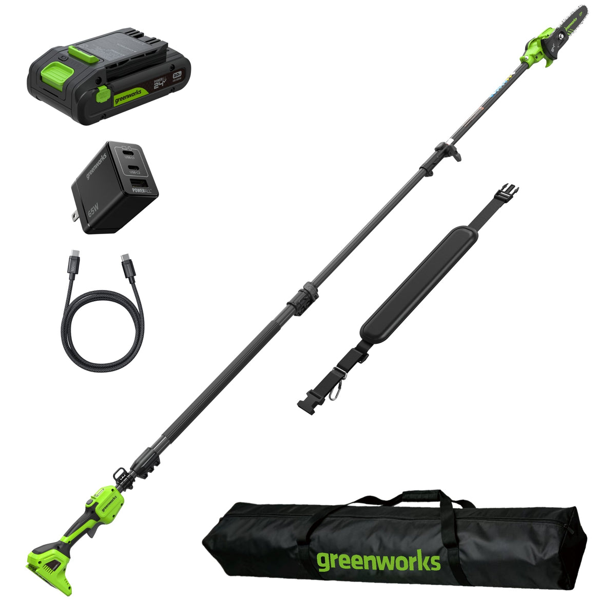 24V 8" Cordless Battery Telescope Pole Saw + Bag, 3.0 Ah Battery & 65W Type-C Charger (3-Ft Cable)
