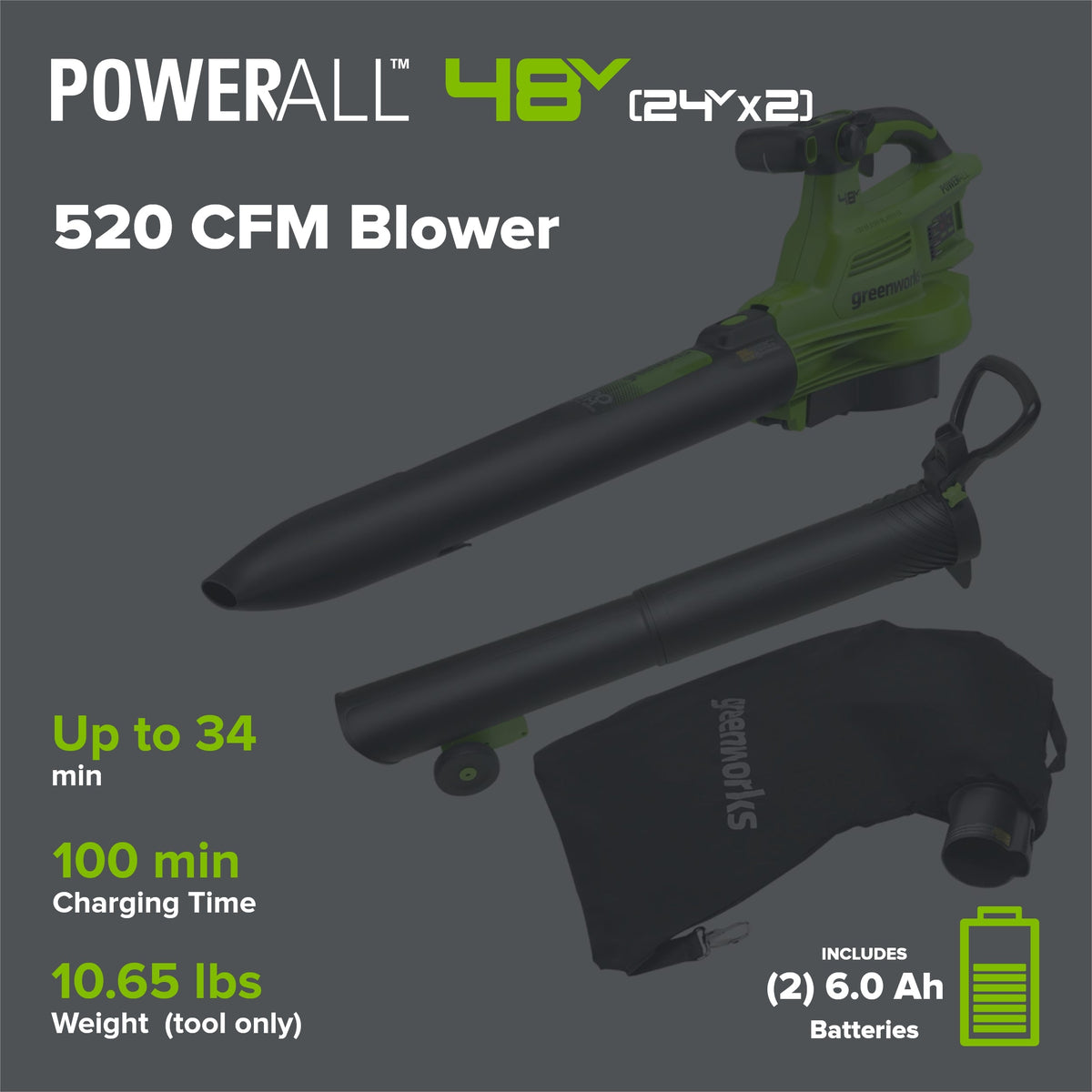 48V (24V x 2) 520 CFM Cordless Battery BL Leaf Blower/Vacuum w/ (2) 6.0Ah Battery, 100W Type-C Charger & (2) 3-Ft Cables