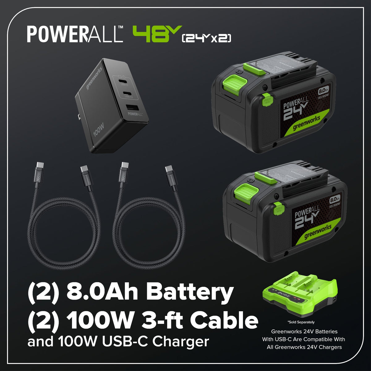 48V (24V x 2) 730 CFM Cordless Battery Dual-Port Backpack Blower: (2) 8.0 Ah Battery, 100W Charger and (2) 3-Ft Cables