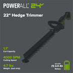 24V 22" Brushless (1.1" Cutting Capacity) Hedge Trimmer: 2.0Ah Battery and 30W Charger