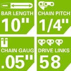 10" Pole Saw Chain, 1/4" Pitch, .050" Chain Gauge and 58 DL