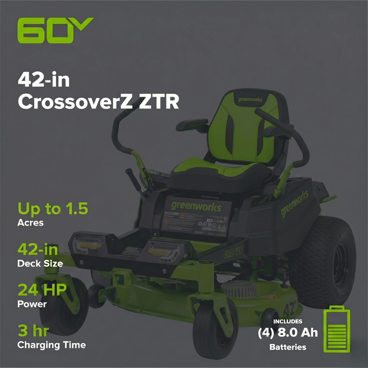 60V 42" Electric CrossoverZ Zero Turn Mower: (4) 8 Ah Batteries and 600W Wall Charger, CRZ4262