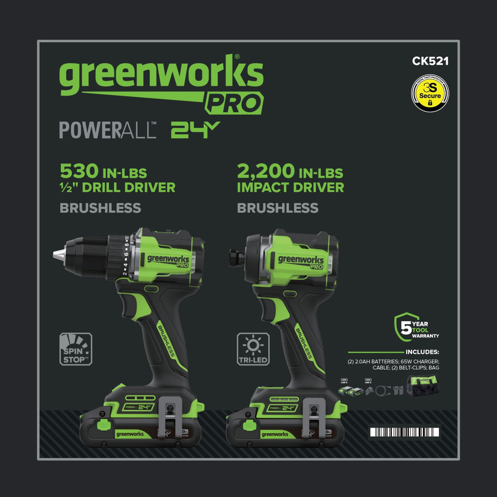 24V PowerAll Pro 530 in-lb Drill Driver and 2,200 in-lb Impact Driver Combo Kit, with (2) 2.0 Ah Batteries, 65W Charger, 3' Cable, Belt Clips, and Carrying Bag