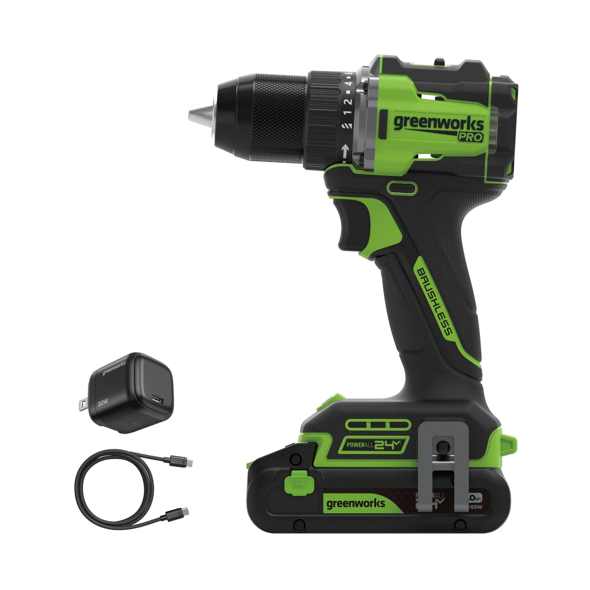 24V PowerAll Pro 1/2" 530 in-lb Drill Driver, with 2.0 Ah USB-C Battery, 30W USB-C Charger Block, 3' 100W USB-C Cable
