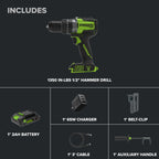 24V PowerAll Pro 1,350 in-lb 1/2" Hammer Drill, with 2.0 Ah USB-C Battery, 65W Charger, Belt Clip, and Auxiliary Handle