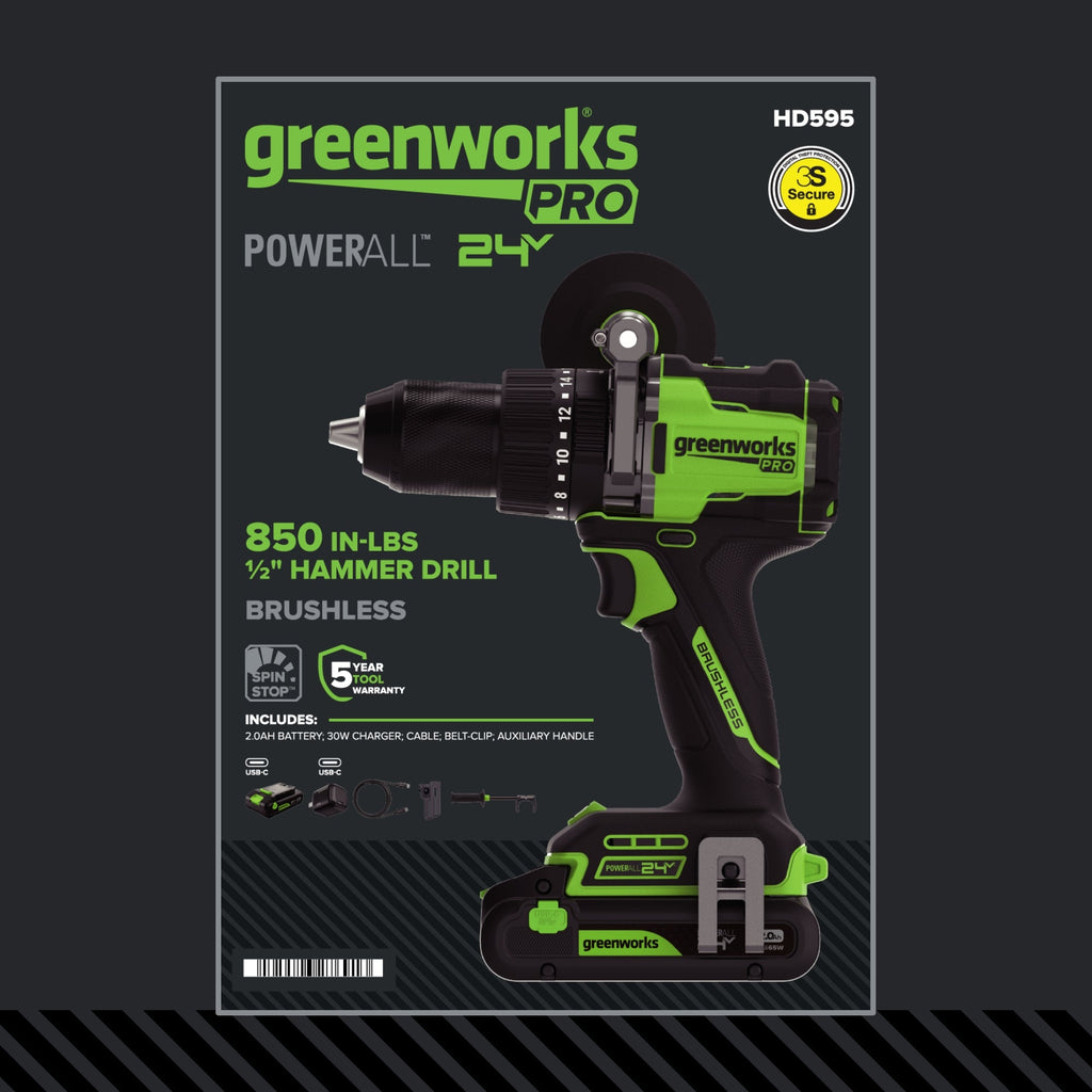 24V PowerAll Pro 850 in-lb 1/2" Hammer Drill, with 2.0 Ah USB-C Battery, 30W Charger, Belt Clip, and Auxiliary Handle