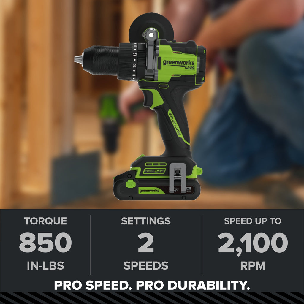 24V PowerAll Pro 850 in-lb 1/2" Hammer Drill, with 2.0 Ah USB-C Battery, 30W Charger, Belt Clip, and Auxiliary Handle
